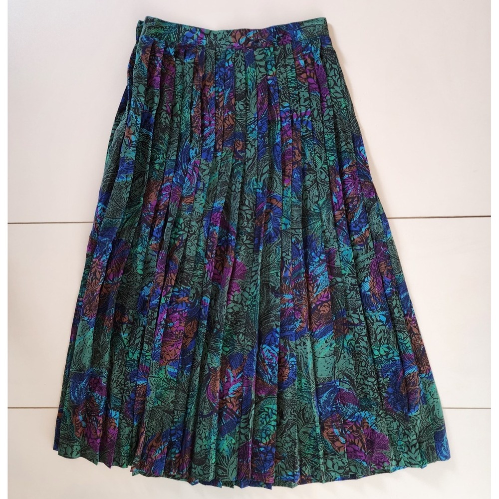 Vintage Pleated Tropical Floral Skirt Donna Morgan for NSP Petites Size 2 Green